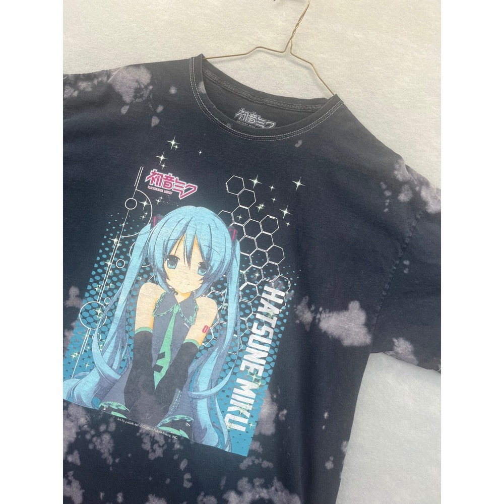 Hatsune Miku Graphic T-Shirt Unisex XL Black Bleach Dye Good Anime Vocaloid Tee
